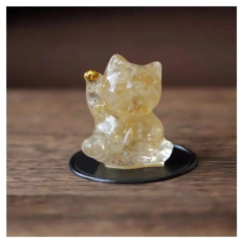 Lucky Cat Resin Ornament with Imitation Crystal Chips | Home Office Decor Cute Desktop Figurine Gift Good Luck Small Ornaments