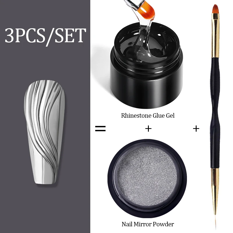 BORN PRETTY 3PCS Rhinestones Glue Gel Set Mirror Nail Powder With Nail Liner Brush UV LED Transparent Adhensive Glue Gel