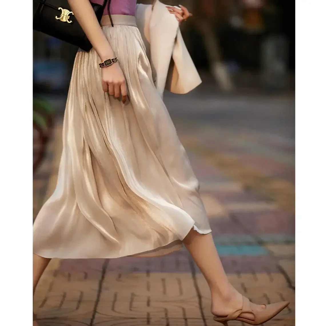 2024 New Fairy Fluttered Overskirt Streamer Yarn Skirt with High Waist and Slim Silk Thread Preadolescent Yarn Skirt Pleated