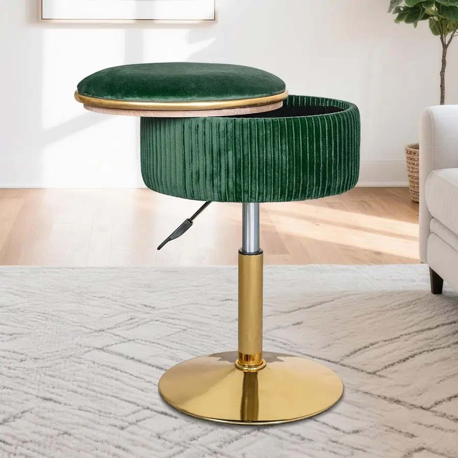 

Vanity Stool with Storage, 360 Swivel Gold Chair, Velvet Small Round Ottoman Footrest for Bathroom, Makeup Room, Green