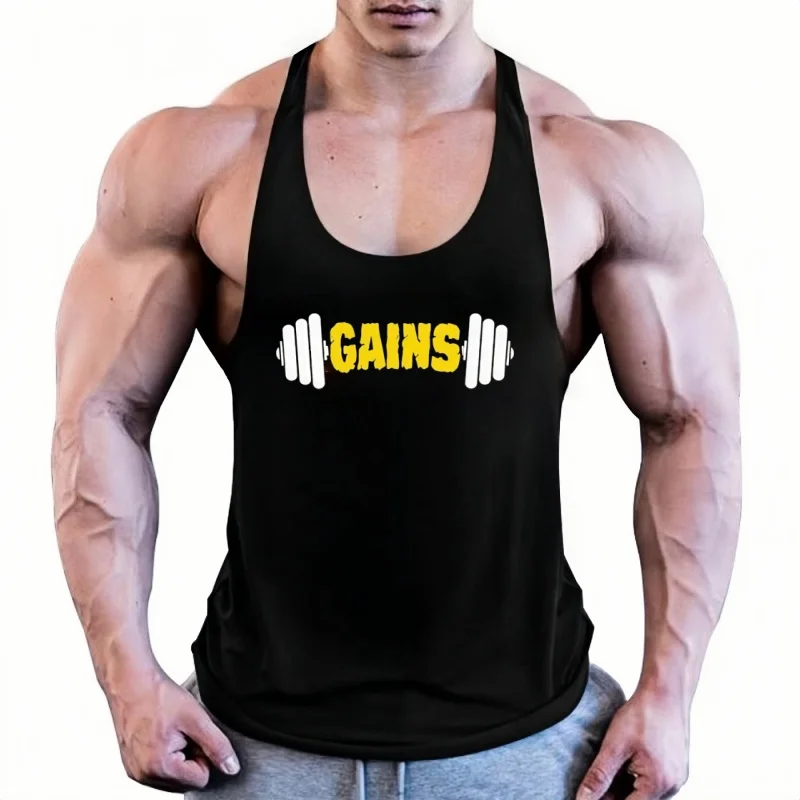 

Gym Fitness Men's Stringer Vest – Sleeveless with "GAINS" Dumbbell Print, Bodybuilding Cotton Workout I-Shaped Tank Top