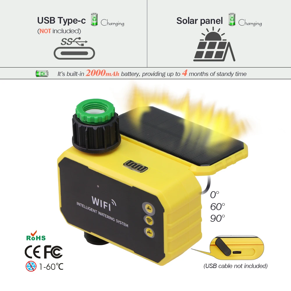 Zigbee Smart Irrigation Timer Solar & Type-C Charging 2000mAh Battery Rain Sensor App Control Outdoor Garden Lawn Auto Watering