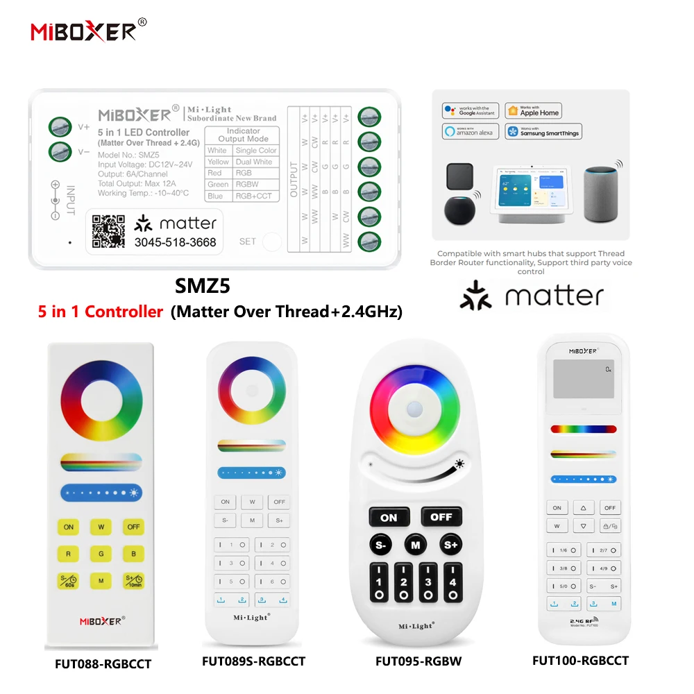 Miboxer SMZ5+FUT100 DC12-24V 5in1 Controller Matter Over Thread+2.4GHz Tuya APP WIFI Single/Double Color RGBCCT LED Strip Light