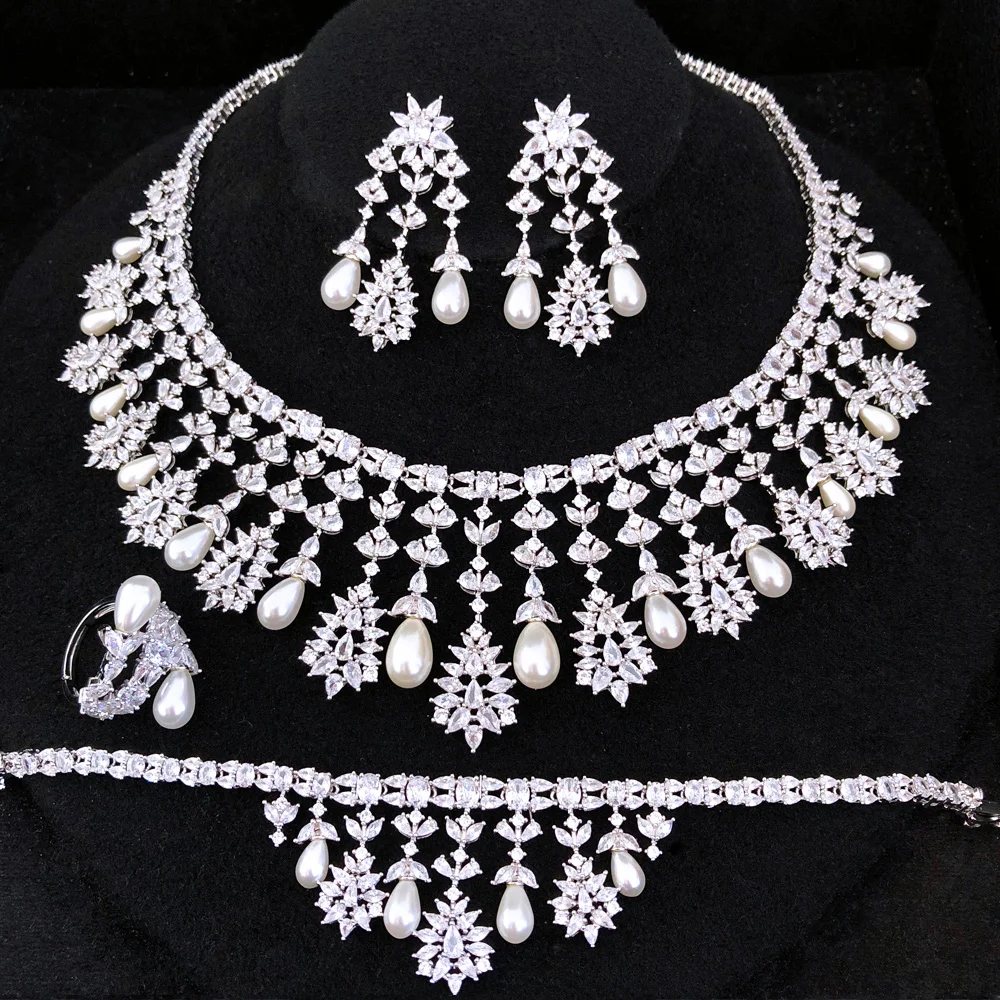 Missvikki Brides Wedding  Luxury Princess Pearls Necklace Bangle Earrings Ring Jewelry Set Jewellery Full Cubic Zirconia