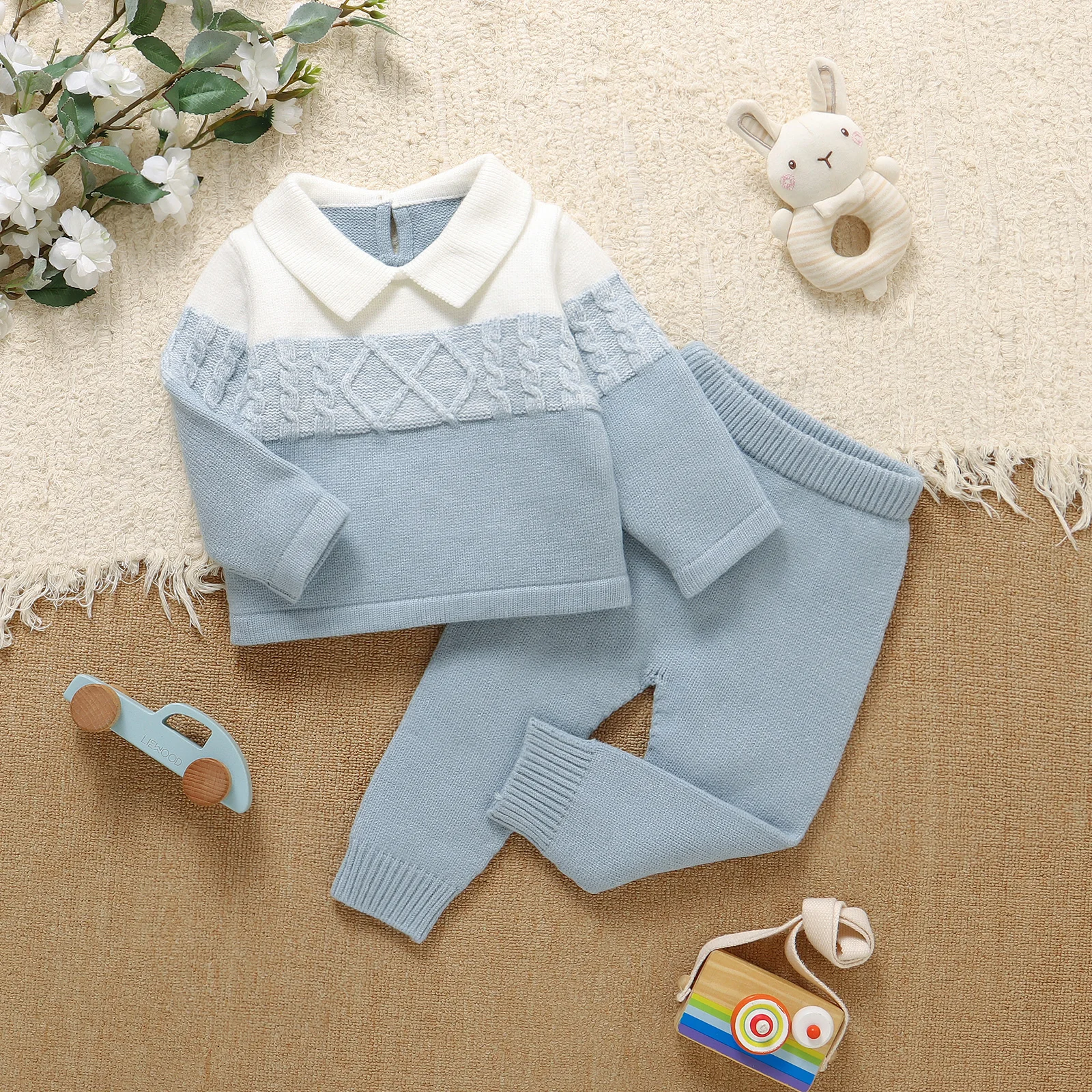 

Baby Clothes Sets Knitted Newborn Kid Pullover Trousers Fashion Solid Striped Infant Boy Sweater Long Sleeve Pants 2PCS Playsuit
