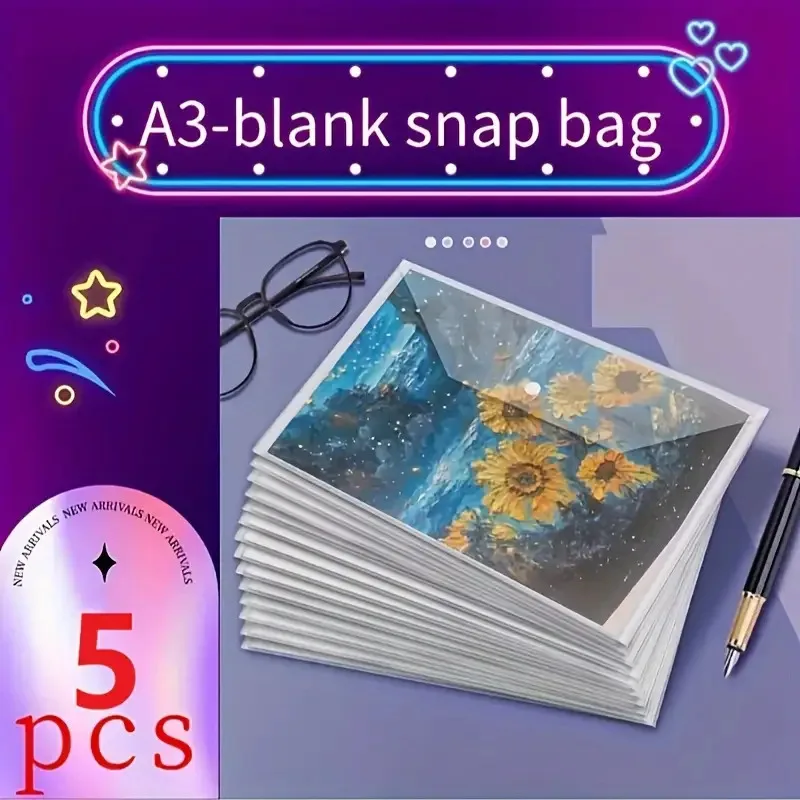 Set of 5 A3 Transparent Folders with Snap Closure - Plastic Storage Bags for Architectural Drawings, Art Prints, School Supplies