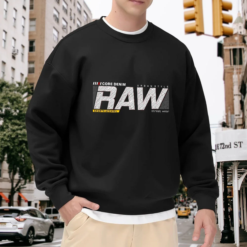 

Men's Black Crew Neck Loose Sweatshirt with Letter Print, Street Style Top, Versatile for Daily Casual and Sports Wear, Comfortable and Trendy Pullover
