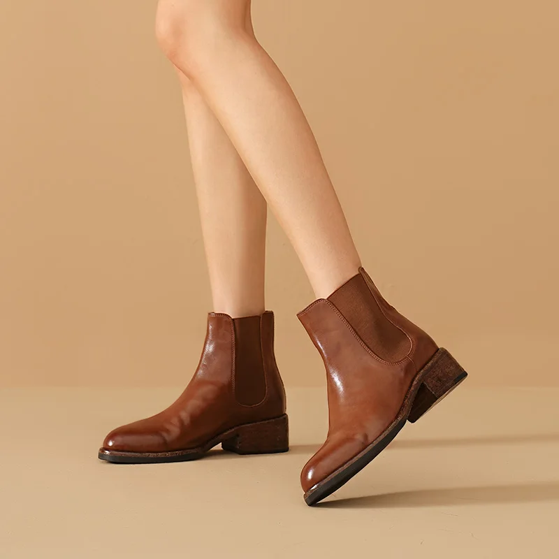 BEAUTODAY Ankle Boots Women Genuine Horse Leather Chelsea Booties Round Toe Elastic Band Vintage Ladies Shoes Handmade 03D64