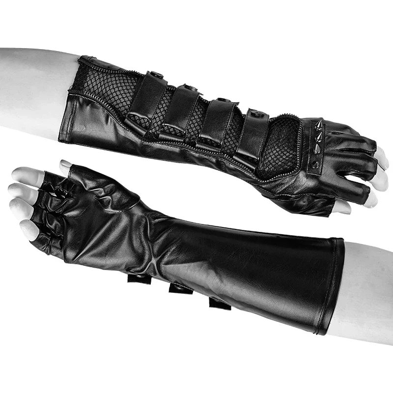 Gants longs pour hommes, PUNK RAVE Steampunk, noirs, à la mode gothique, Rivets Rock, maille + PU, revêtement en cuir, une paire