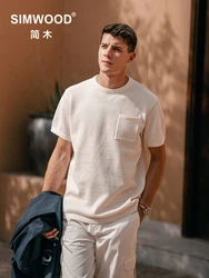 SIMWOOD 2024 Summer New Knitted Tops Men Breathable Chest Pockets T-shirts Plus Size 100% Cotton Brand Clothing