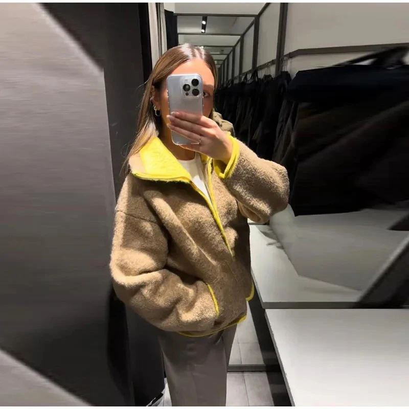 المرأة عادية اللون حجب محبوك بالأزرار الوقوف طوق سستة جيب سترة قصيرة الشتاء اليومية تخفيف الشارع تريكو #2