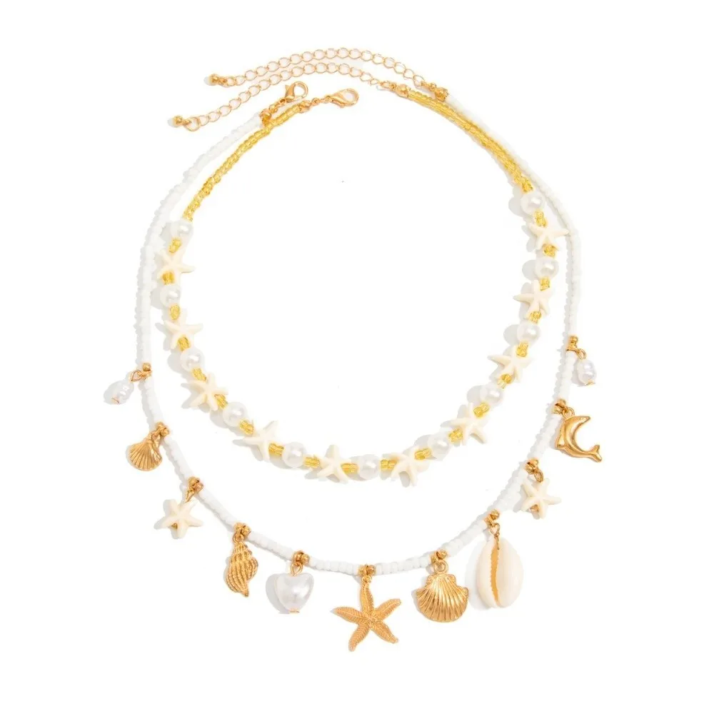 Imitation Pearl Necklace Chain Starfish Mold Conch Shape Clavicle Jewelry Layer Wear Design Coastal Tone Bead Accessory