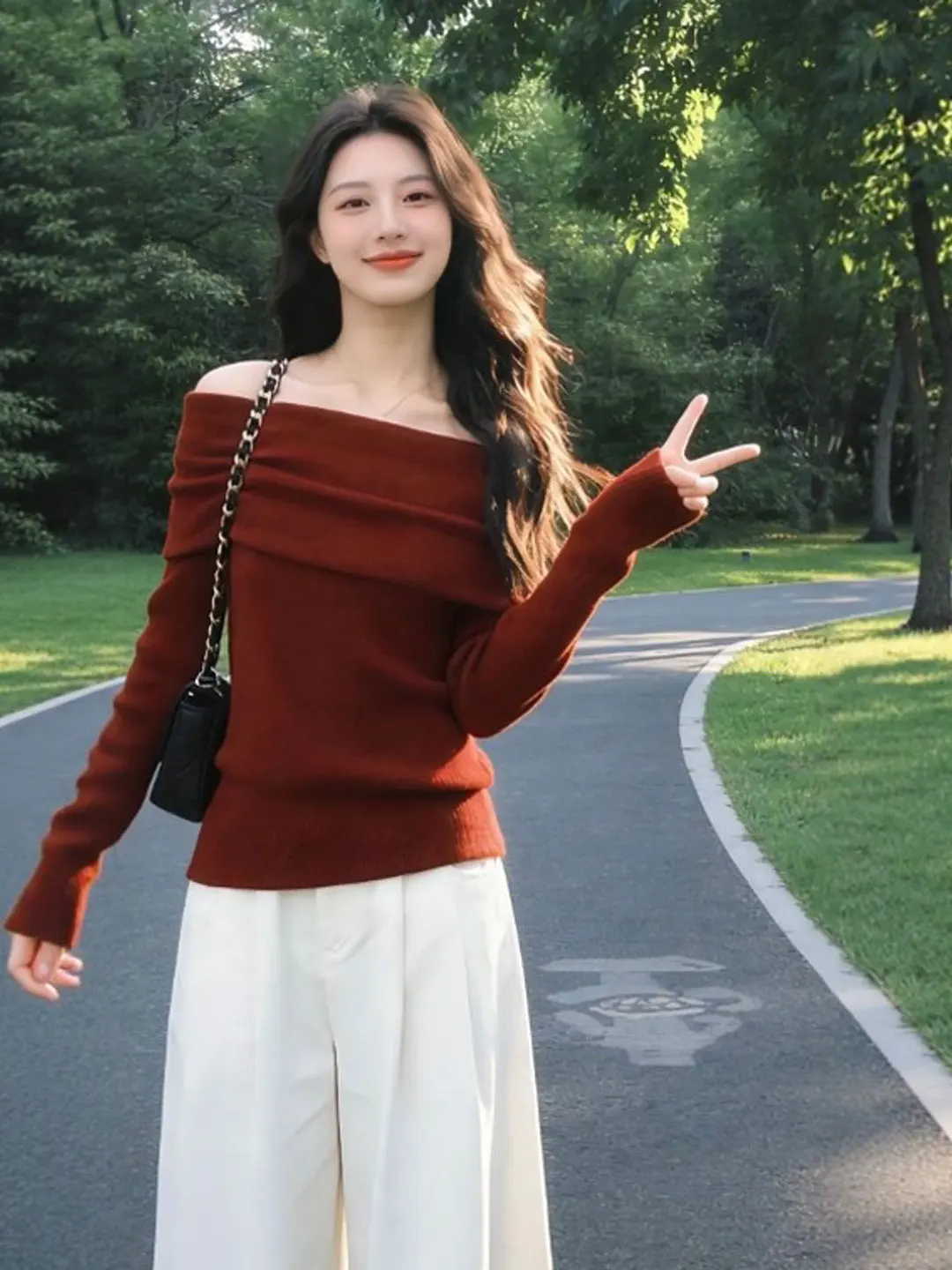 

Retro Gentle Sle One oulder Slimming Knitted Sweater Long Sve Warm Soft Medium Weight Regular Length Pure Color Spring