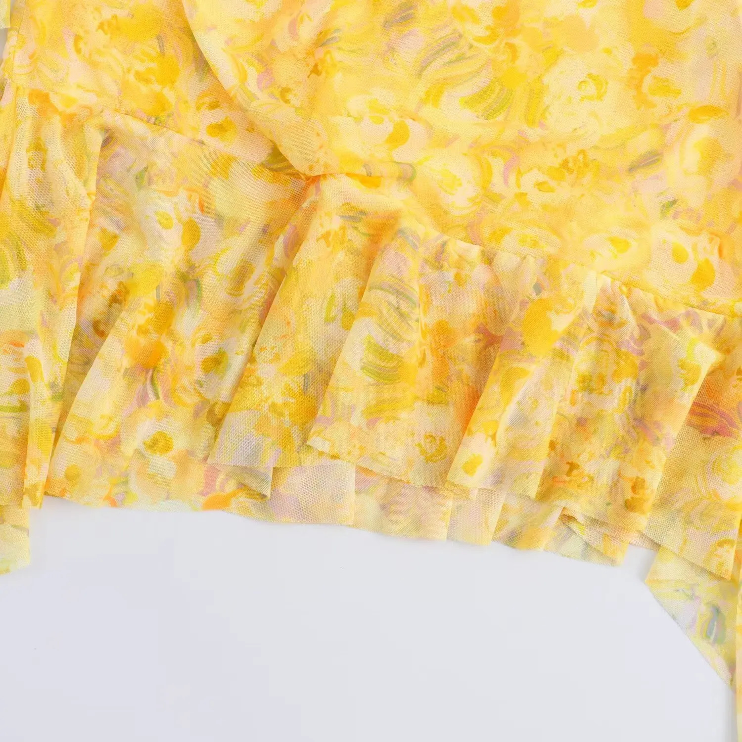 TRAF Yellow Print Tulle Dress Woman Sleeveless Short Dresses for Women Draped Evening Dresses Women Summer 2024 Bodycon Dress