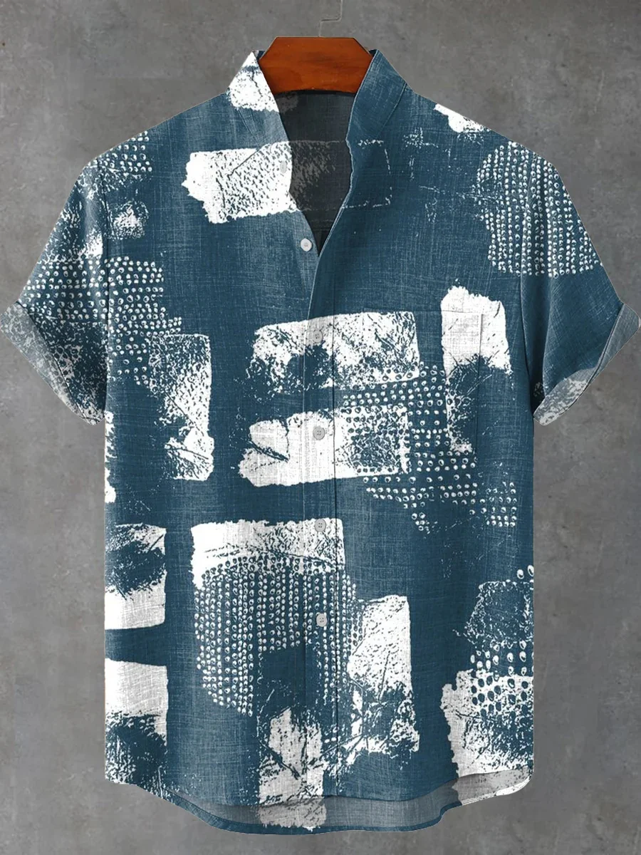 New best-selling men's irregular pattern printed casual street wear, retro linen stand-up collar short-sleeved shirt, fast deliv