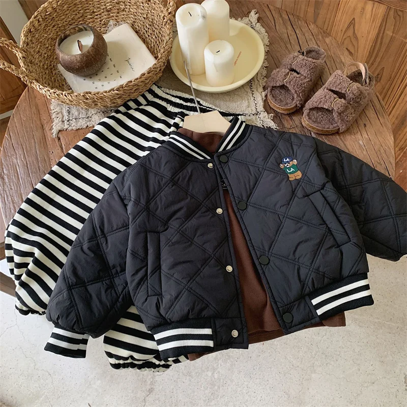 Boys Coat Jacket Cotton Windbreak 2024 Stripe Warm Plus Thicken Spring Autumn High Quality Children\'s Clothing