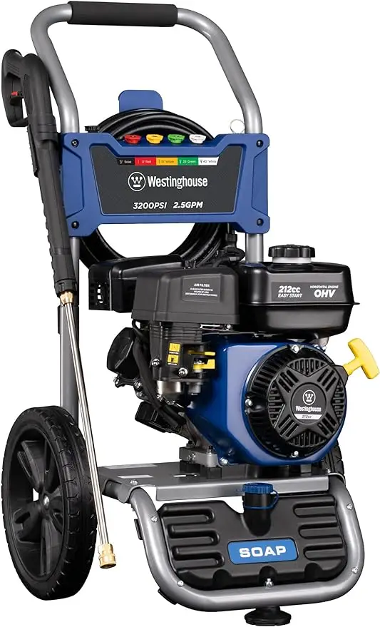 

Westinghouse WPX3200 Gas Pressure Washer, 3200 PSI and 2.5 Max GPM, Onboard Soap Tank, Spray Gun and Wand, 5 Nozzle Set