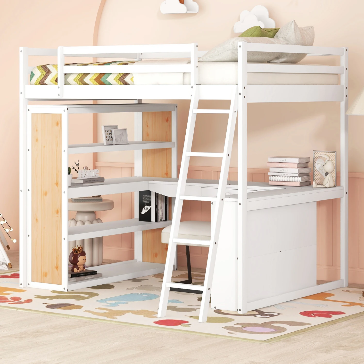 Full Size Loft Bed with Ladder, Shelves, and Desk, White(OLD SKU LT000226AAK)