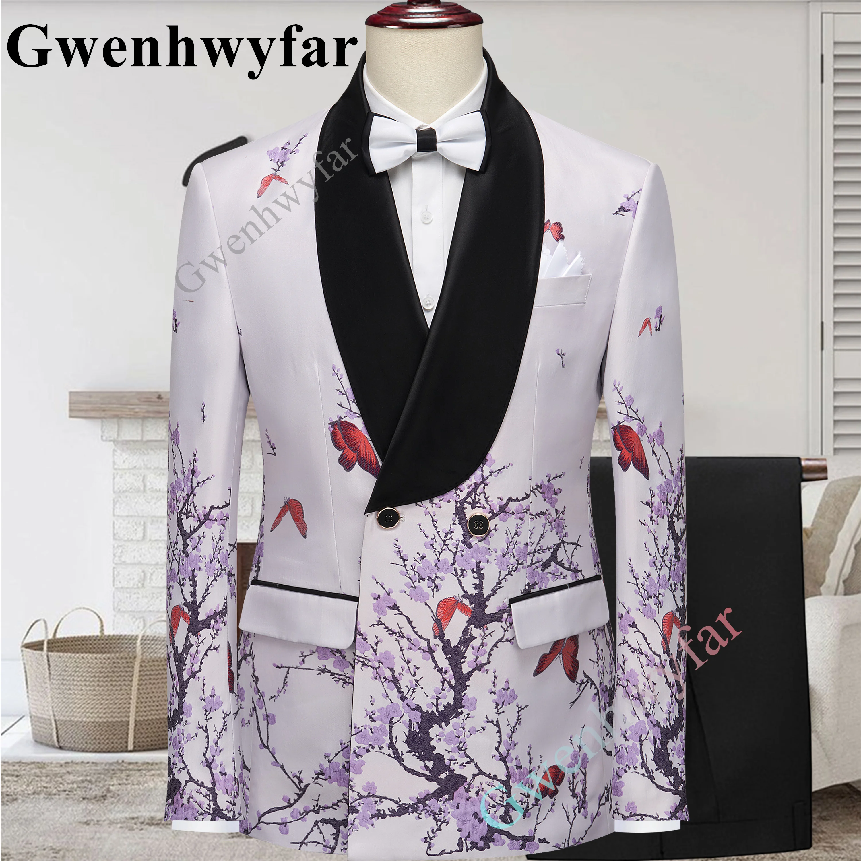 

Gwenhwyfar Latest Designs Male Suits Slim Fit 3 Pieces Double Breasted One Button Shawl Lapel Business Tuxedo For Wedding Blazer