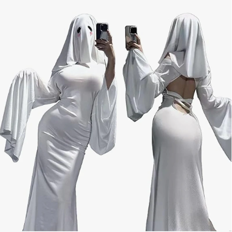 

Princess Ghost Maiden Adult Cosplay Halloween Costume Backless Long Dress & Cute Ghost Mask Elastic Romantic Couple Gift