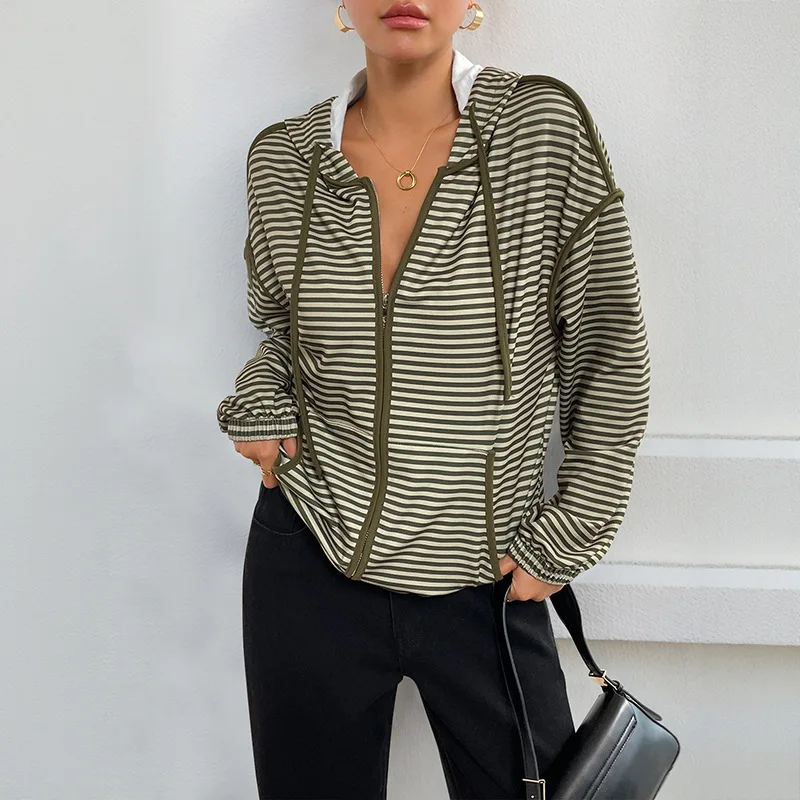 

2025 New Autumn Commuting Date Lazy Hooded Striped Women's Casual Jacket