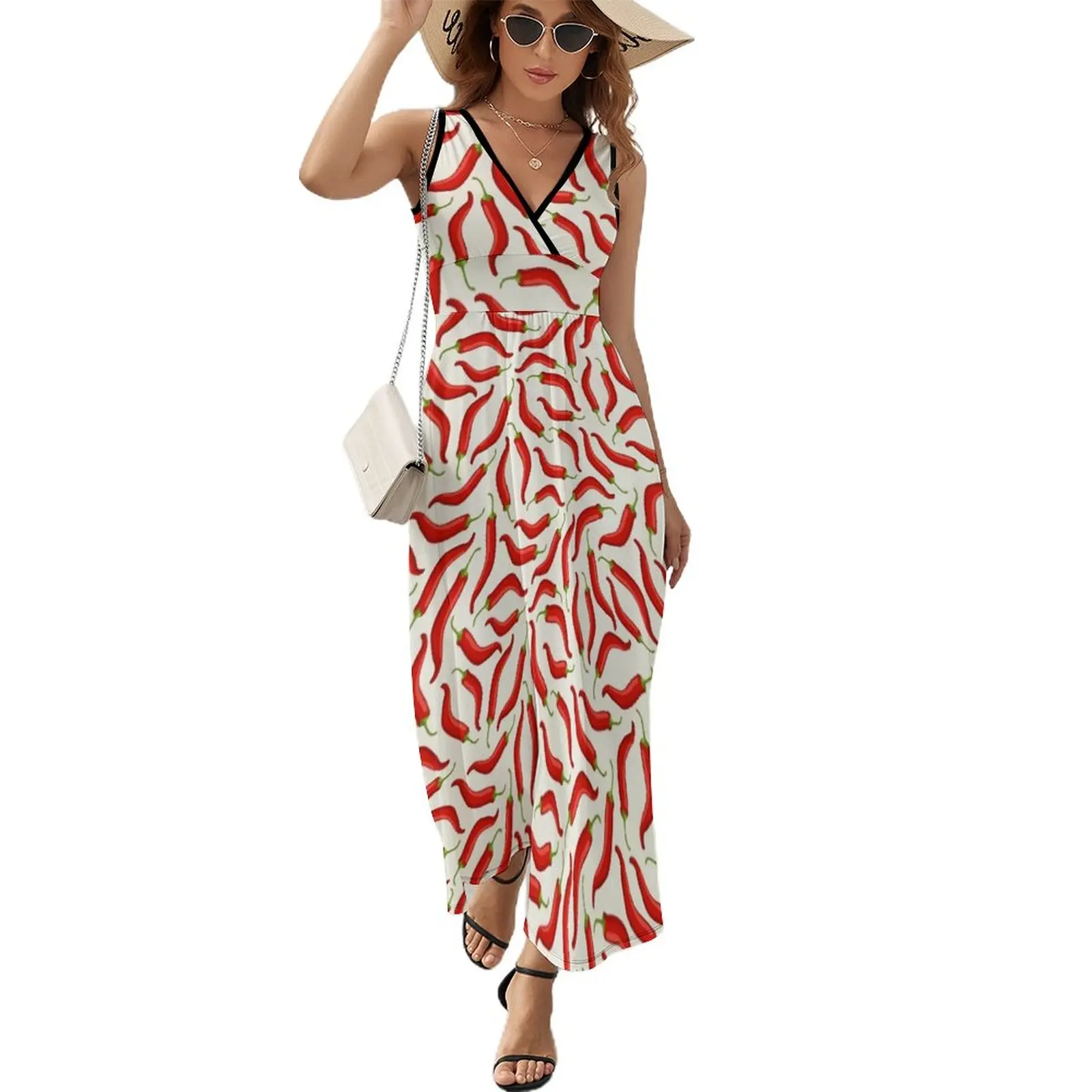 

Hot red chili pepper pattern with white background Sleeveless Dress Summer women's clothing womens dress