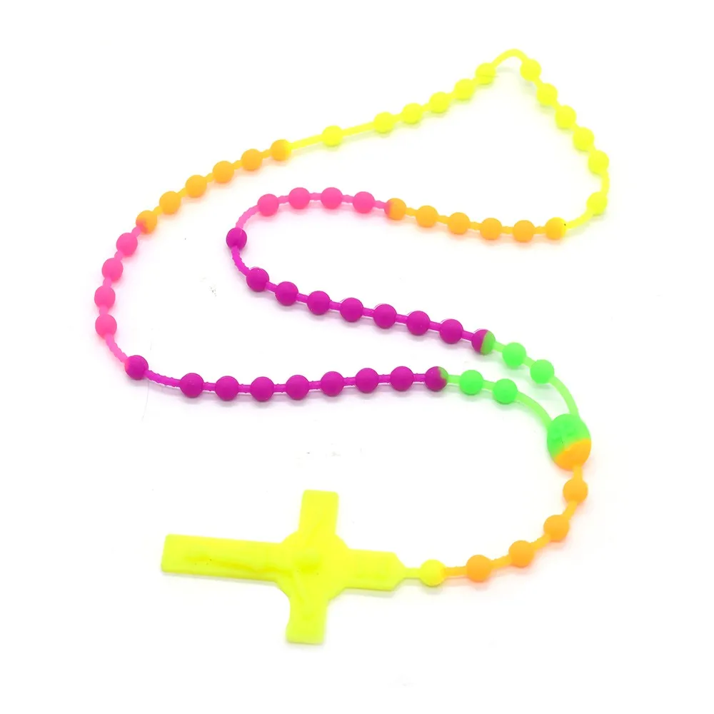 QIGO Colorful Silica Gel Rosary Pendant Necklace Crucifix Religious Jewelry