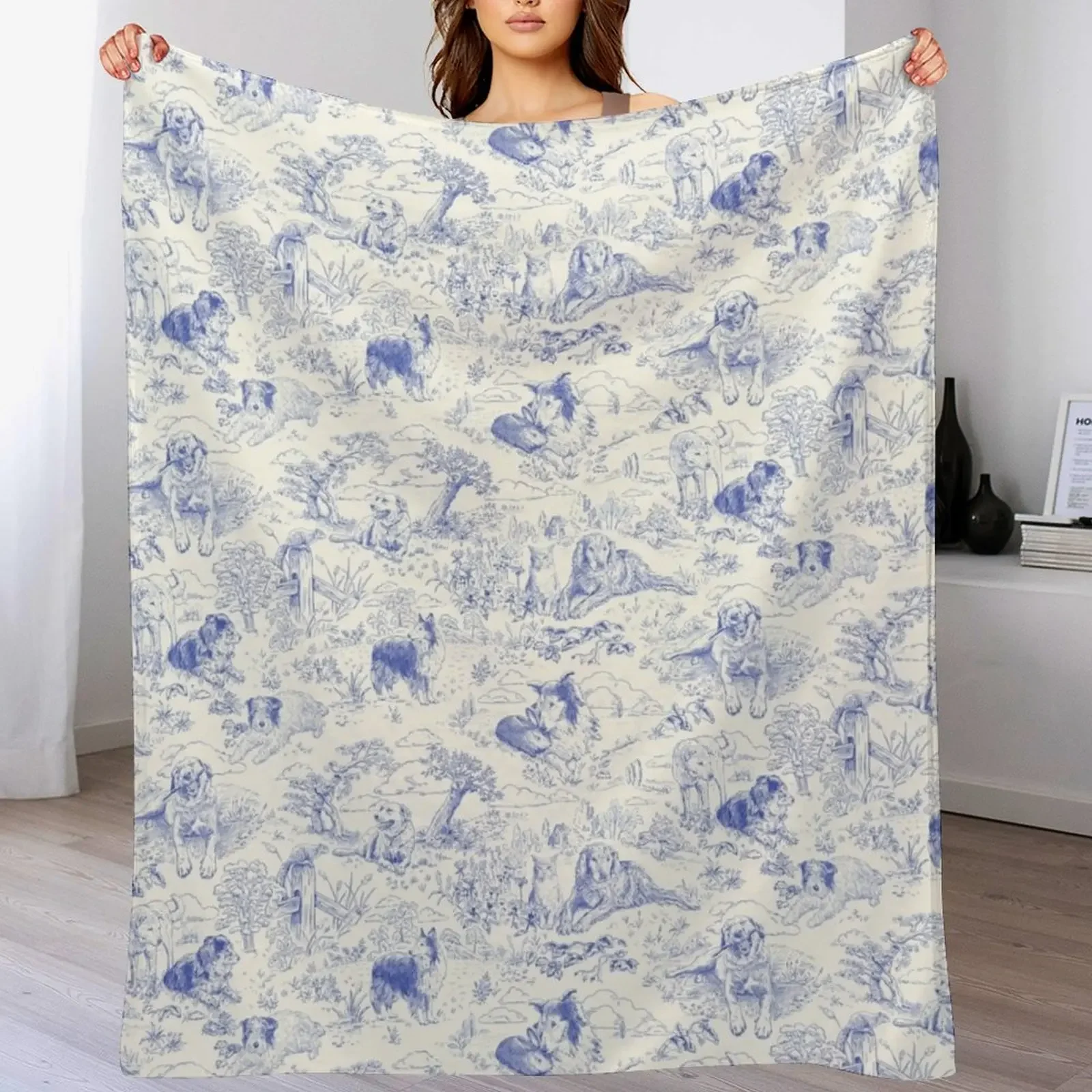 Country Dogs Toile with Collie, Aussie and Jack Russell Terrier in Blue and White Throw Blanket manga Vintage Blankets