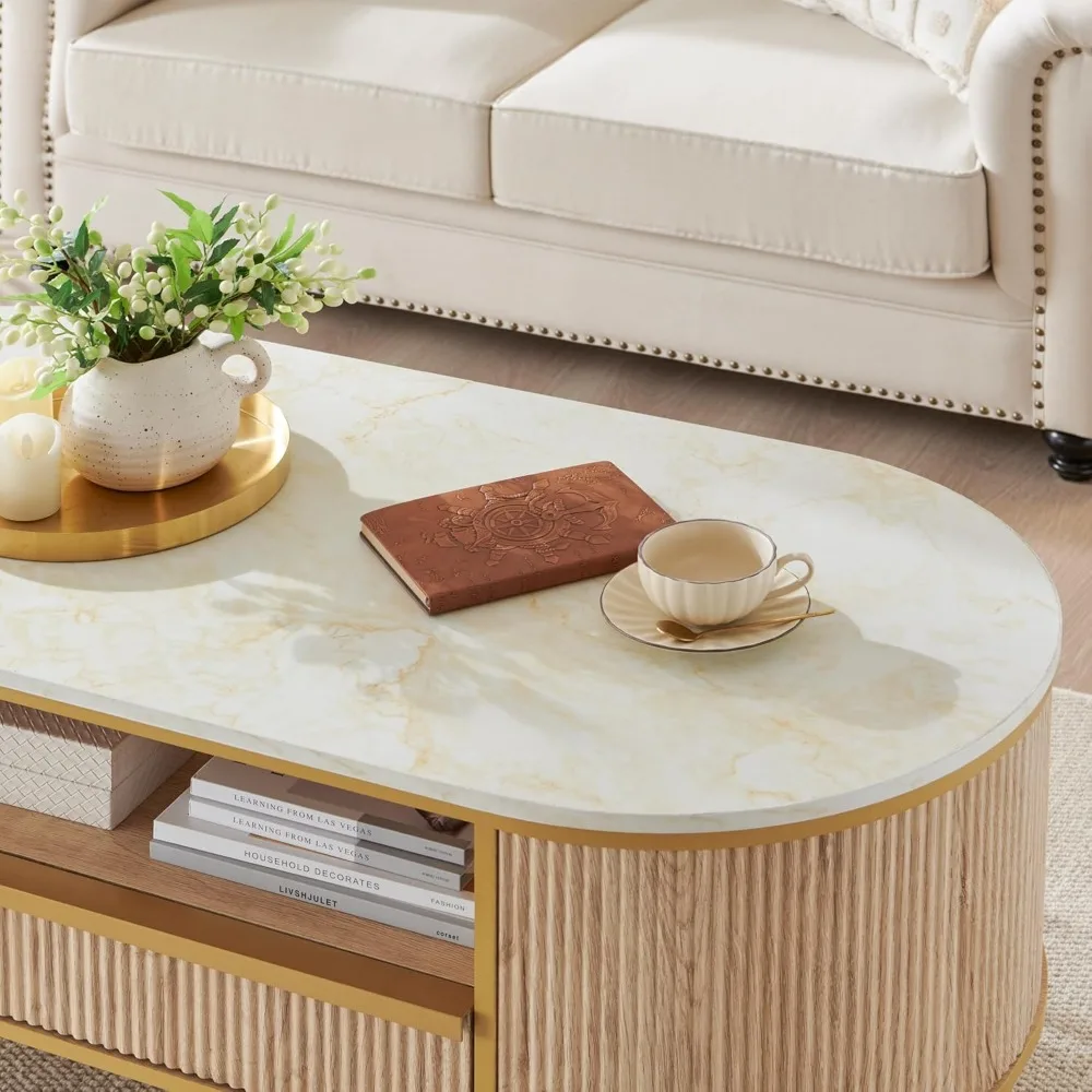 48" Oval Coffee Table with Drawer, Faux Marble Top, Curved Profile Design, Gold Metal Decor, Center Table for Living Room