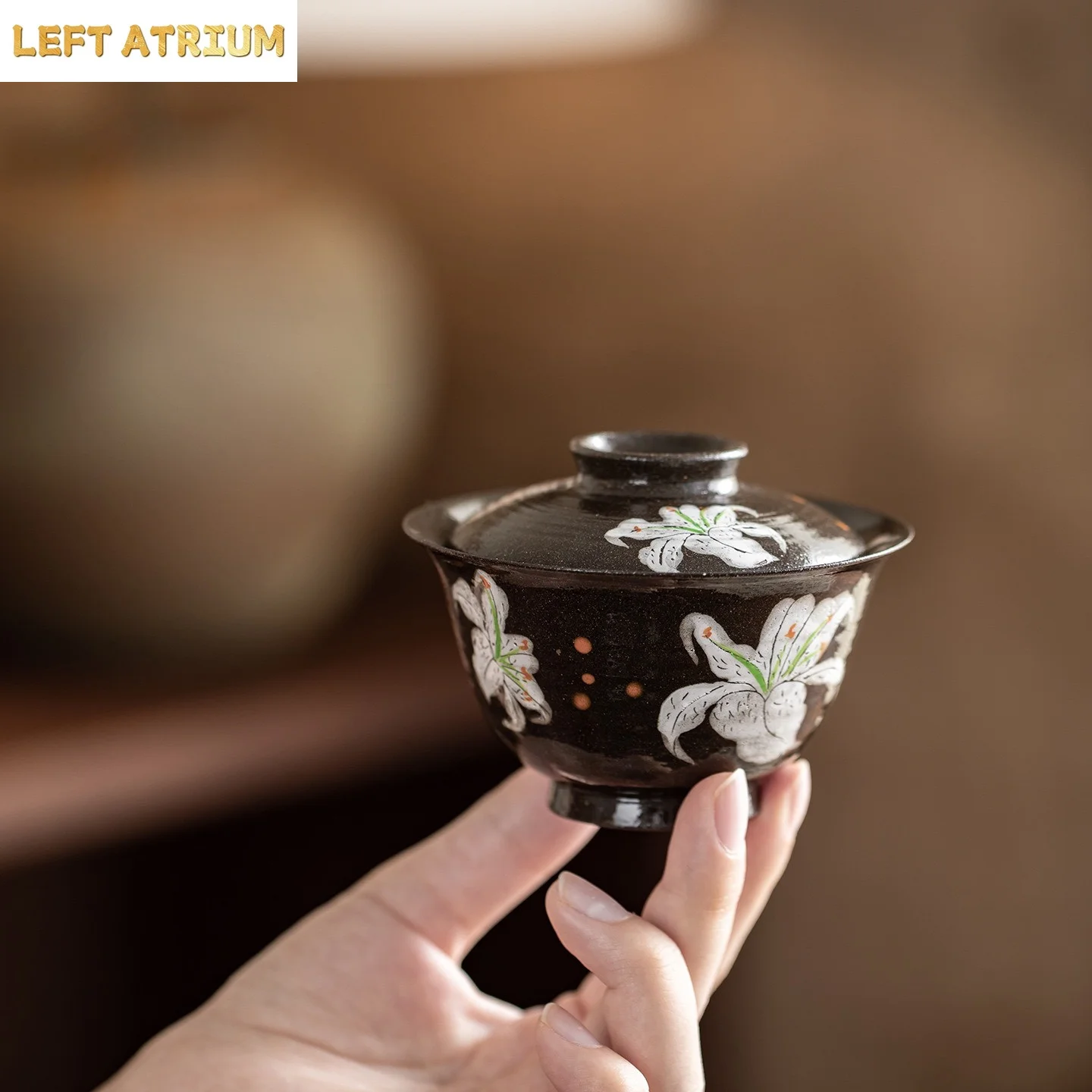 1PC Coarse Pottery Hand-painted White Lily Cover Bowl Japanese Household Ceramic Tea Bowl Tea Dispenser Uniform Cup Pot Bearing - view 3