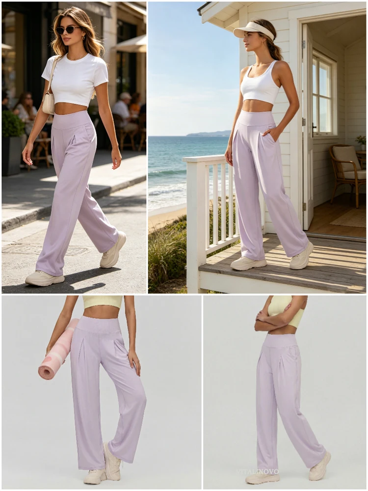 VITALINOVO Damen-Hose mit weitem Bein, ohne Taschen, hohe Taille, Stretch, lockere Jogginghose, Nake-Feeling, lässig, Lounge, Yoga, Workout, Palazzo – Detail 5