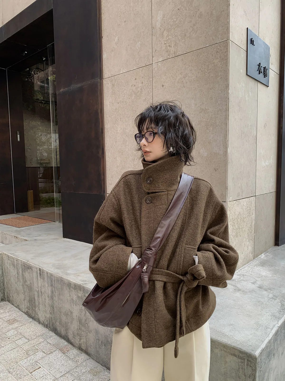 

Molin mat Stand Collar Woolen Coat Batobe Sle Alpaca Wool Blend Slimming Belted Jaet Korean Sle Loose Fit