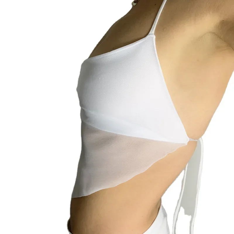 Сексуальные прозрачные сетчатые топы с лямкой на шее y2k, женские корейские однотонные укороченные топы с v-образным вырезом и открытой спиной, модная корейская футболка 90-х годов