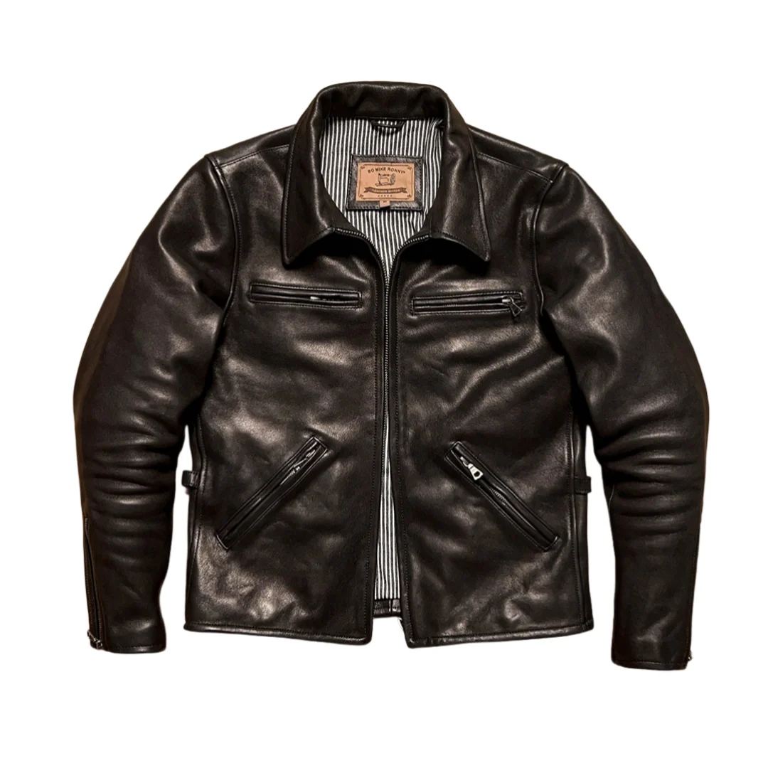 

Черная осенняя кожаная куртка мужская в американском стиле ретро плюс размер 5XL из натуральной овчины с отложным воротником J100 кожаное пальто