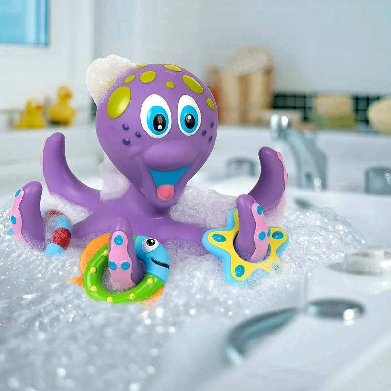 Polvo roxo flutuante com 5 anéis de hoopla brinquedo interativo de banho