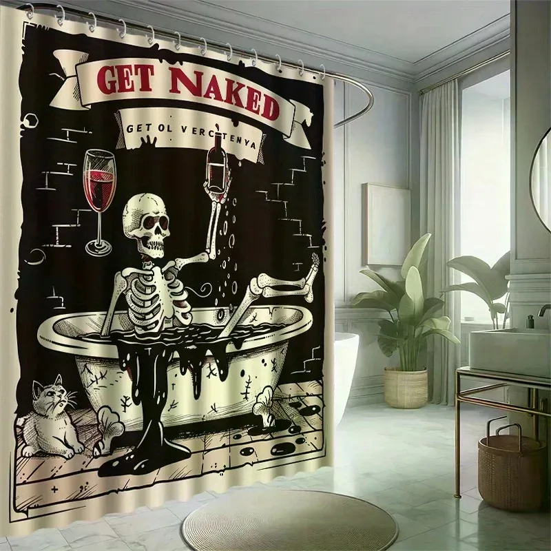 ~O~Halloween 'GET NAKED' Shower Curtain Set - Skeleton & Cat, 12 Hooks, Water-resistant Polyester, Machine Washable, All-season