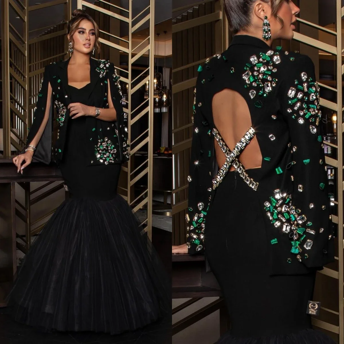 Luxury Evening Dresses Green Crystal Beads Mermaid Jacket Floor-Length Backless Formal Occasion Wedding Party Gowns