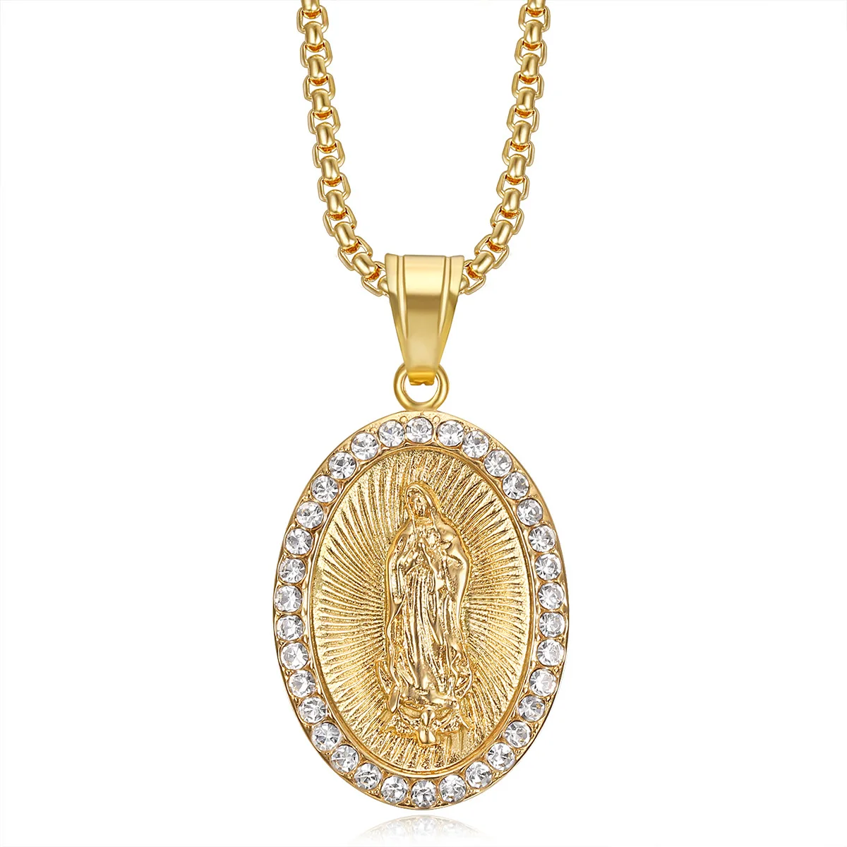 Virgin Mary Prayer Pendant Necklaces Gold color 316L Stainless Steel with rhinestone Women/Men Jewelry