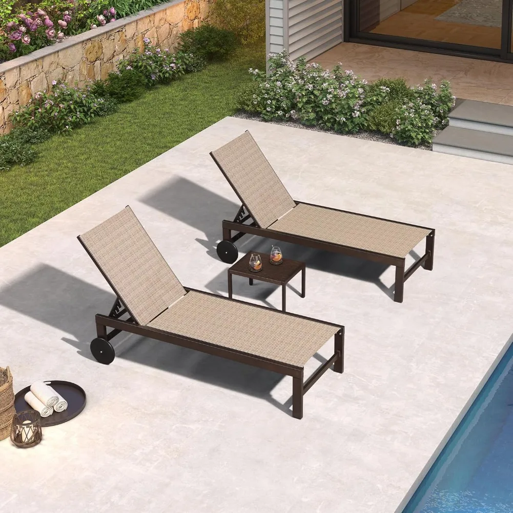 Outdoor Chaise Lounge Chair Set of 3, Pool Lounge Chair for Outside, Patio Chaise Lounger with Adjustable Backrest