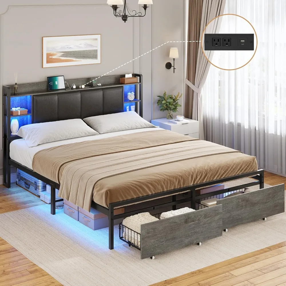 Queen Bed Frame with Charging Station and Led Lights, Bed Frame Queen Size with 2 Storage Drawers and Headboard,  Upholstered