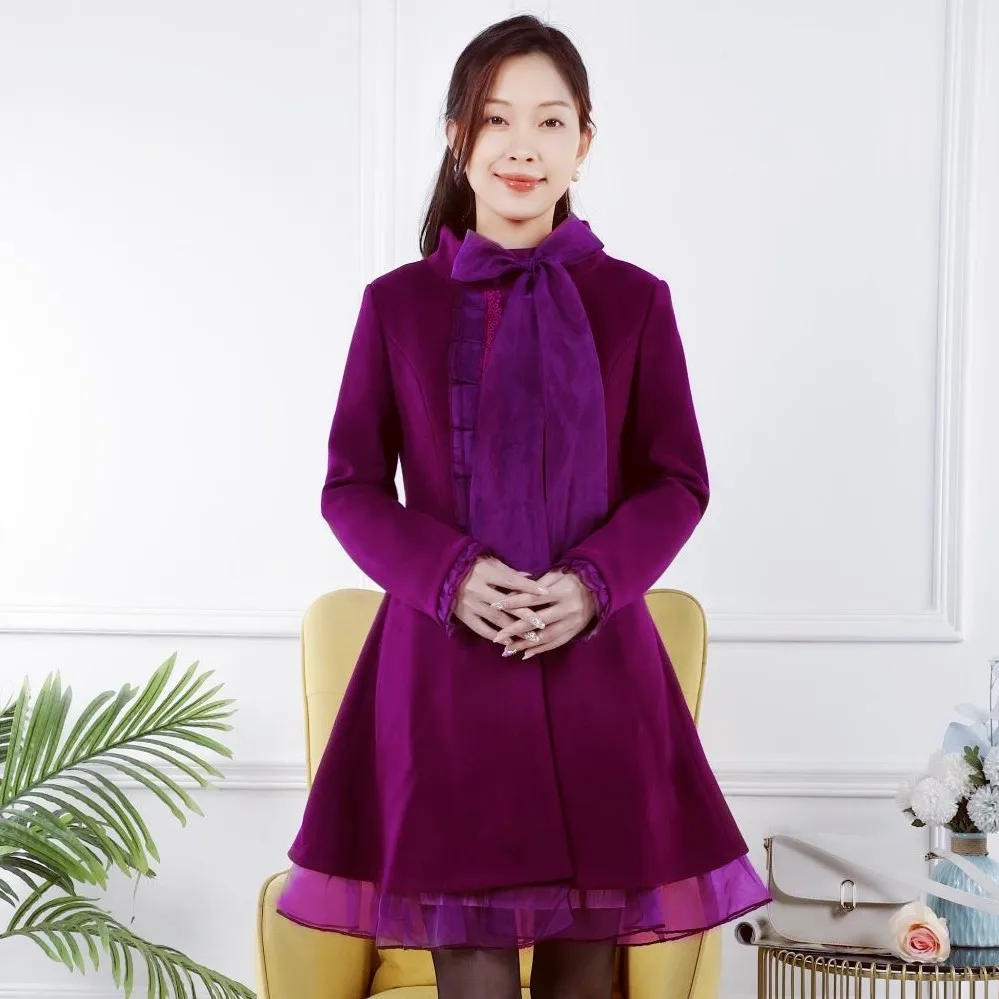 Autumn and winter new women's clothing temperament bow slim and thin woolen coat over the knee woolen coat