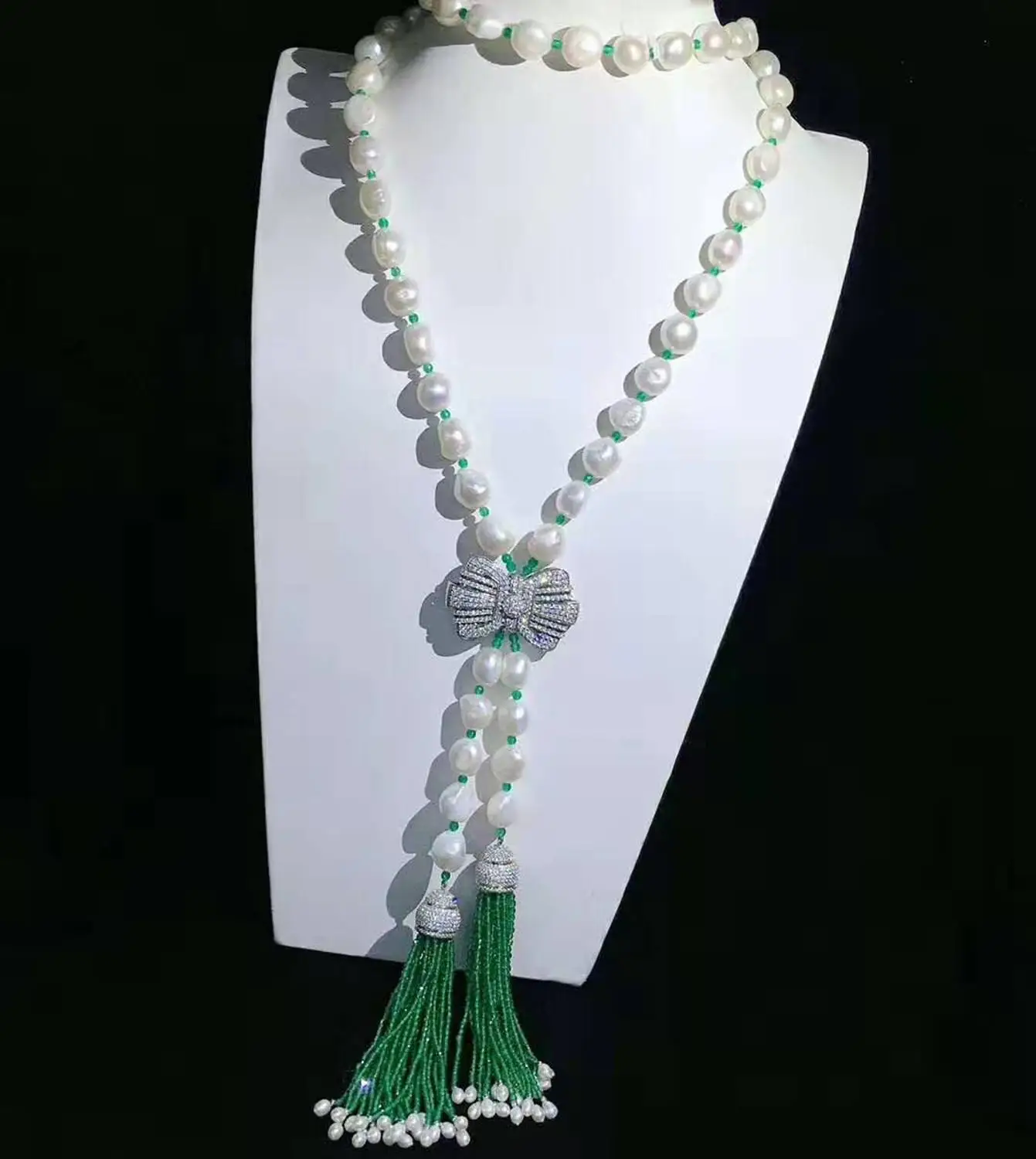 

75-80cm 10-11mm white baroque freshwater pearl green stone necklace zircon bowknot accessories tassel pendant necklace