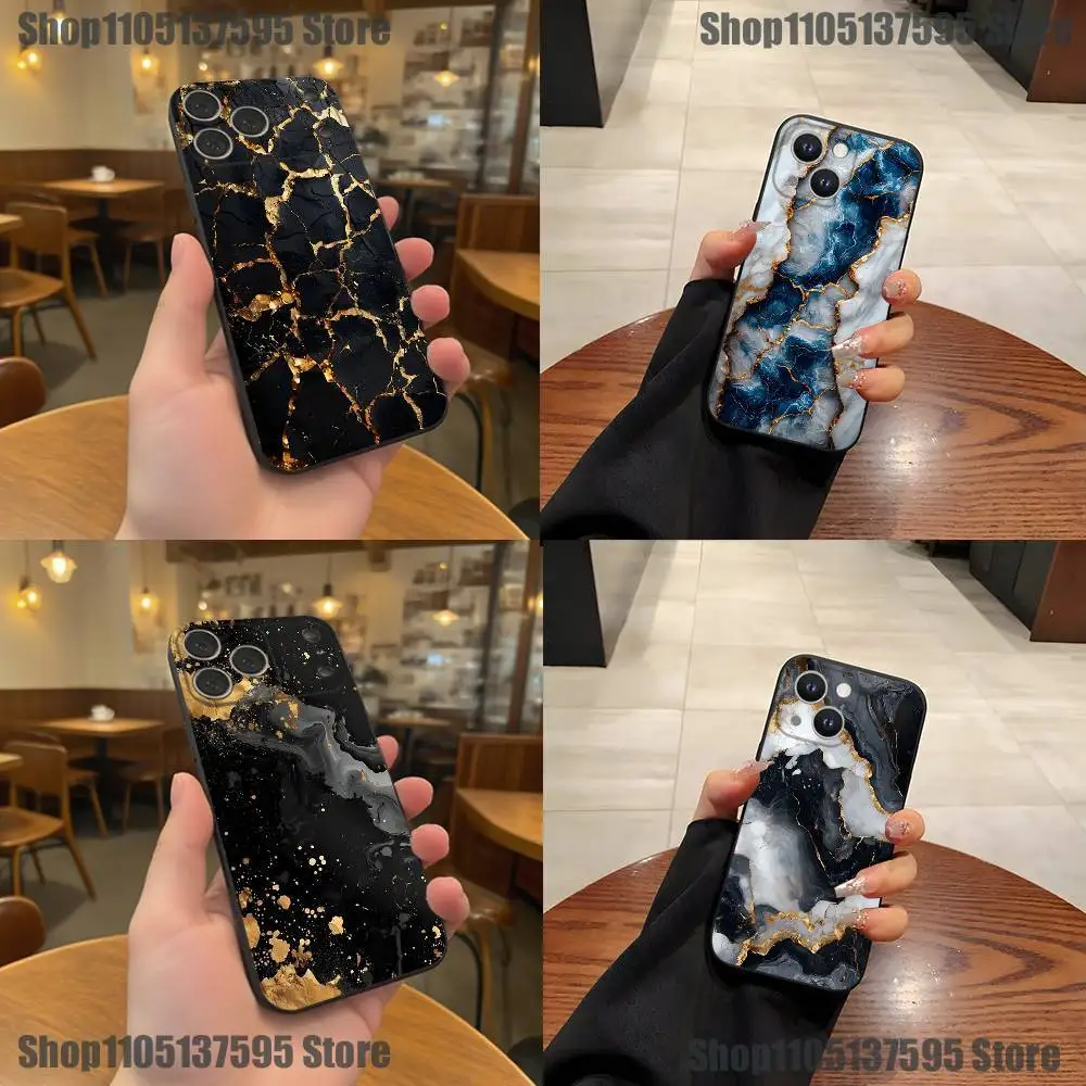 

B-Black Gold Marble Art Phone Case For iPhone 17,16,15,14,13,12,11,Pro,XS,Max,XR,Plus,E,SE4,Mini Black Soft Cover