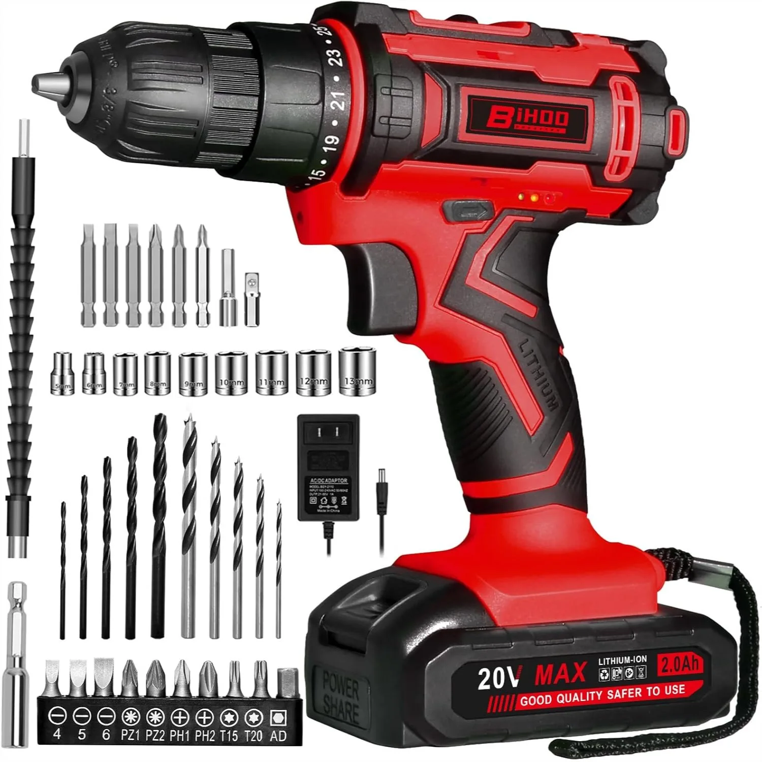 

Cordless Drill Set, 20V Drill Driver with Battery & Charger, 3/8-Inch Keyless Chuck, Variable Speed & LED Light for Home DIY