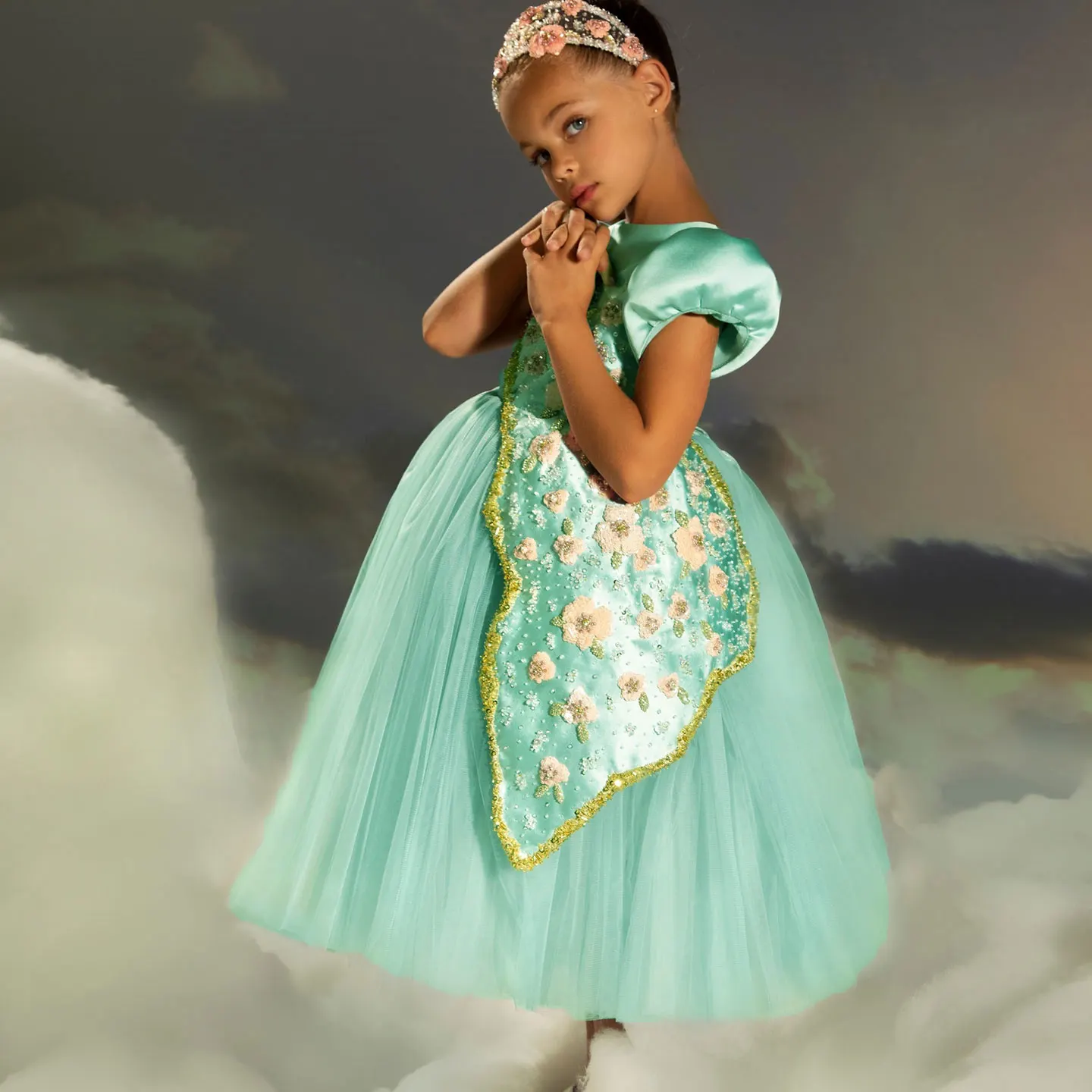 

Jill Wish Luxury Turquoise Girl Dress Beadeds Arabic Nika Princess Kids Wedding Birthday Party Pageant Communion Gown 2025 J143