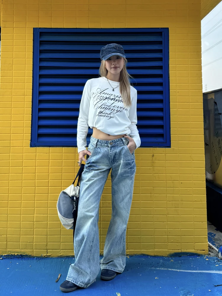 

Свободные джинсы с низкой талией, женские уличные джинсы с расклешенным дизайном, повседневные прямые джинсы синего цвета