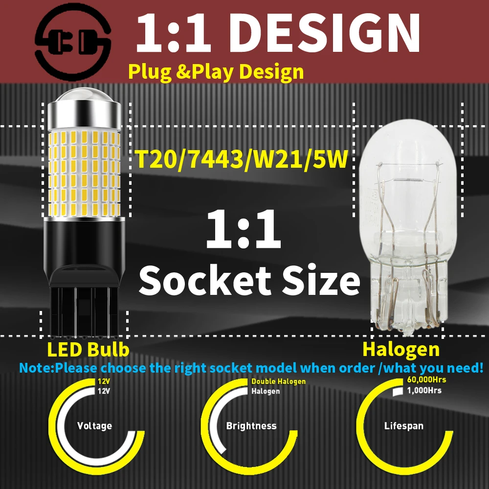 2 шт., автомобильные светодиодсветодиодный лампы T20 W21W W21/5W 7440 7443 12 в 6000k