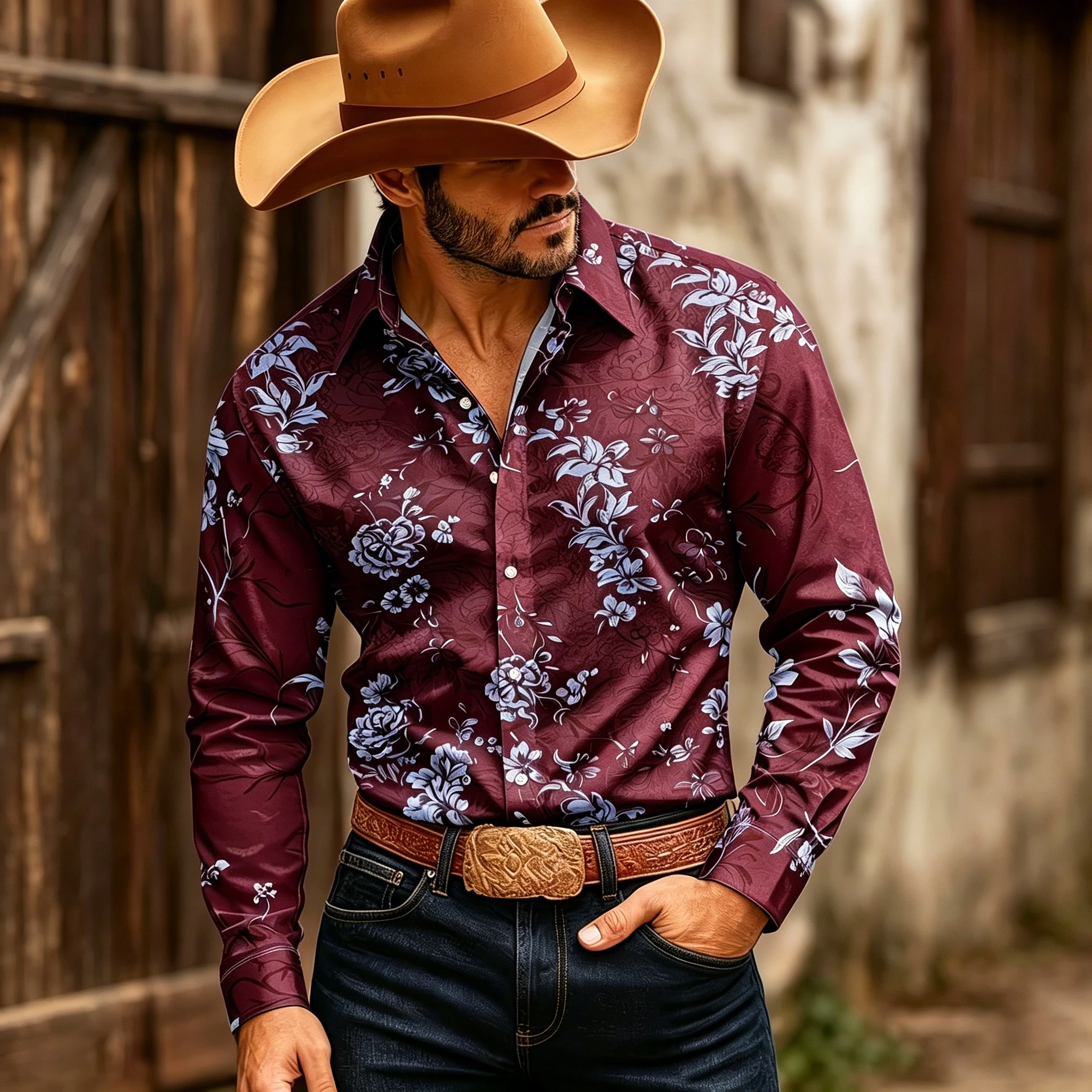Vintage Floral Men's Long Sleeved Floral Shirt, Western Ranch Style Slim Fit Shirt, Outdoor Street Trend Lapel Top