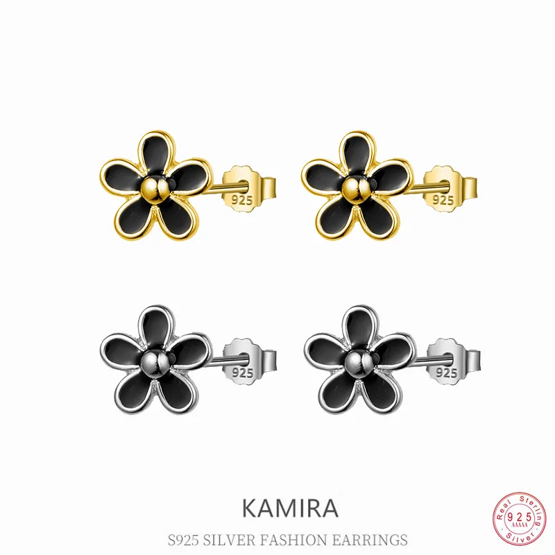 KAMIRA 925 Sterling Silver Black Enamel Small Flower Earrings for Women Cute Cold Talk Style Temperament Party Delicate Jewelry