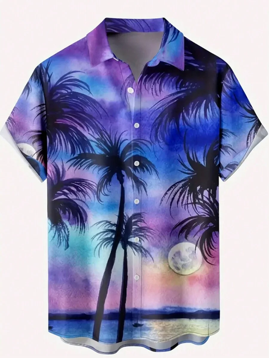 Mens Womens Sunset Tropical Palm Tree Print Pattern Casual Short Sleeve Shirt Mens Button Up Tops